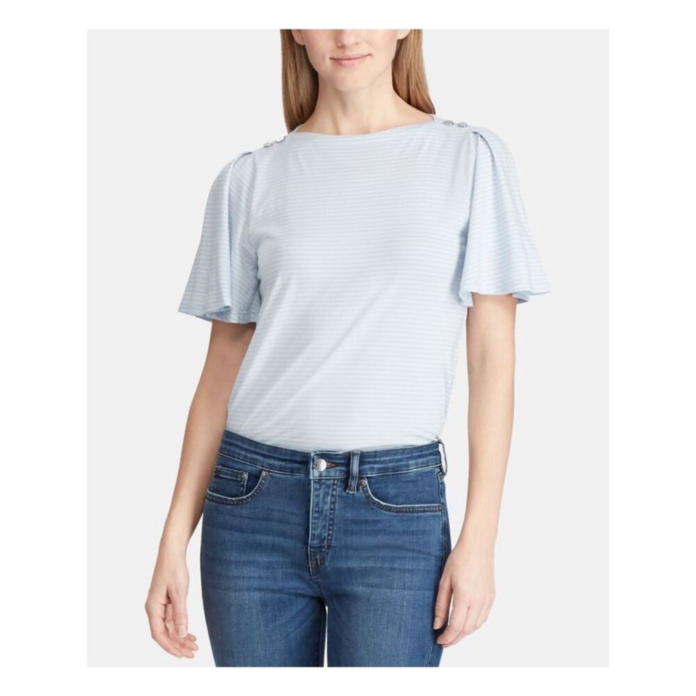 PX Womens Light Blue Embellished Button Flutter Boat Neck Top Petites PS